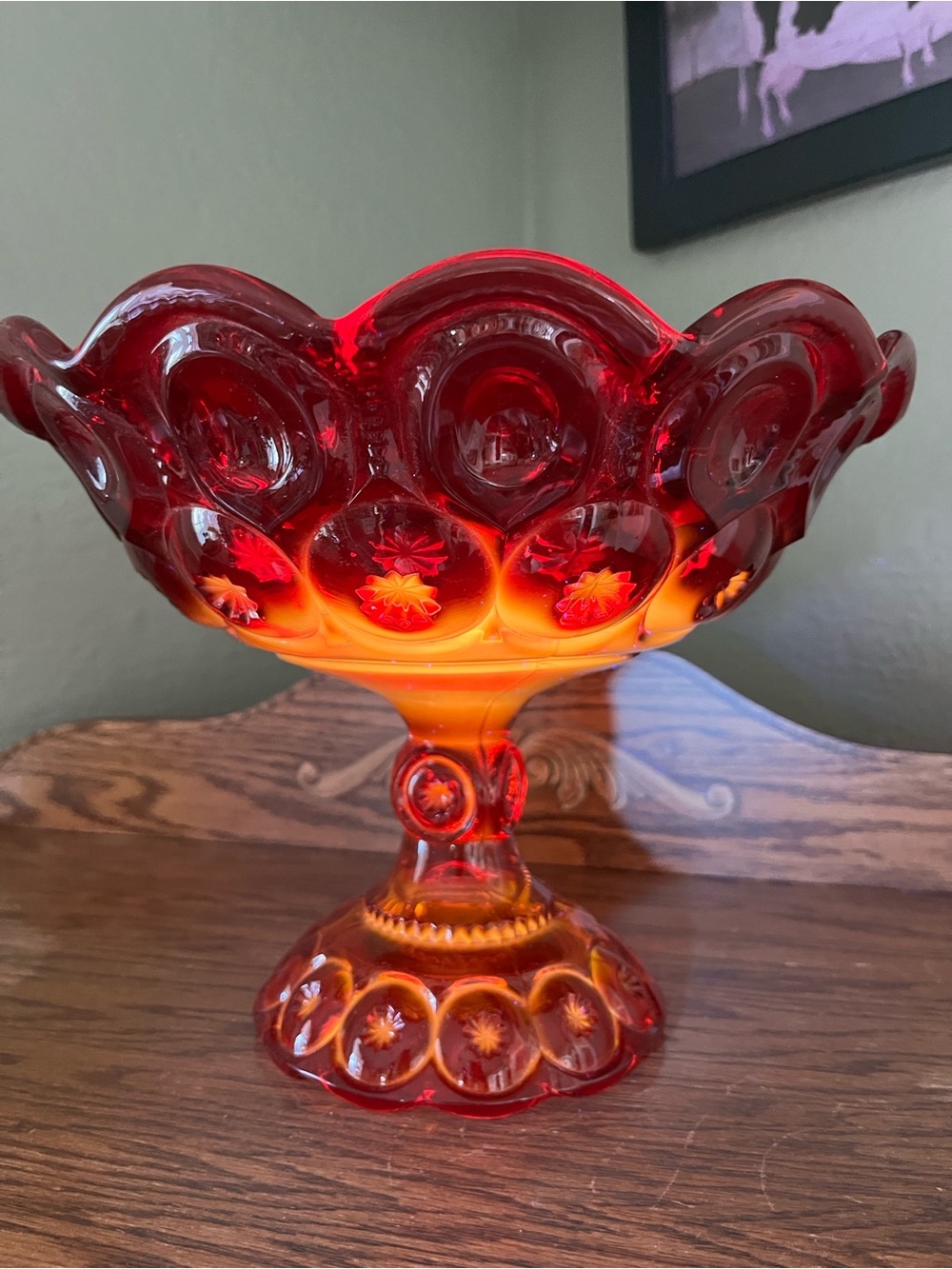 Vintage L.E. Smith Moon & Stars Amberina Pedestal Compote – Cadmium Glow UV